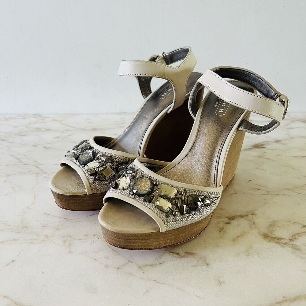 COACH Hanson Tan Gray Jeweled Rhinestone Platform Wedge Heel Sandals - US 8